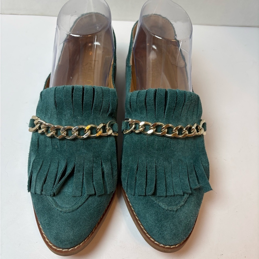 Franco Sarto Augustine teal leather slip-on loafers chain & fringe accent 7M